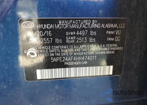 2017 Hyundai Sonata Se из США, поврежденный, VIN 5NPE24AF4HH474011